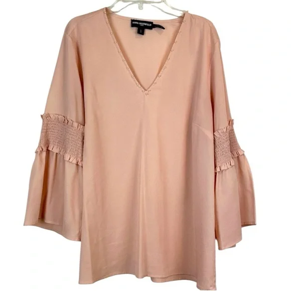 Karl Lagerfeld Blush Pearl Embellished Smocked Sleeve Top Women’s Size L - Picture 9 of 9